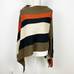 Fringe Sweater Poncho Stripe Asymmetrical OSFM